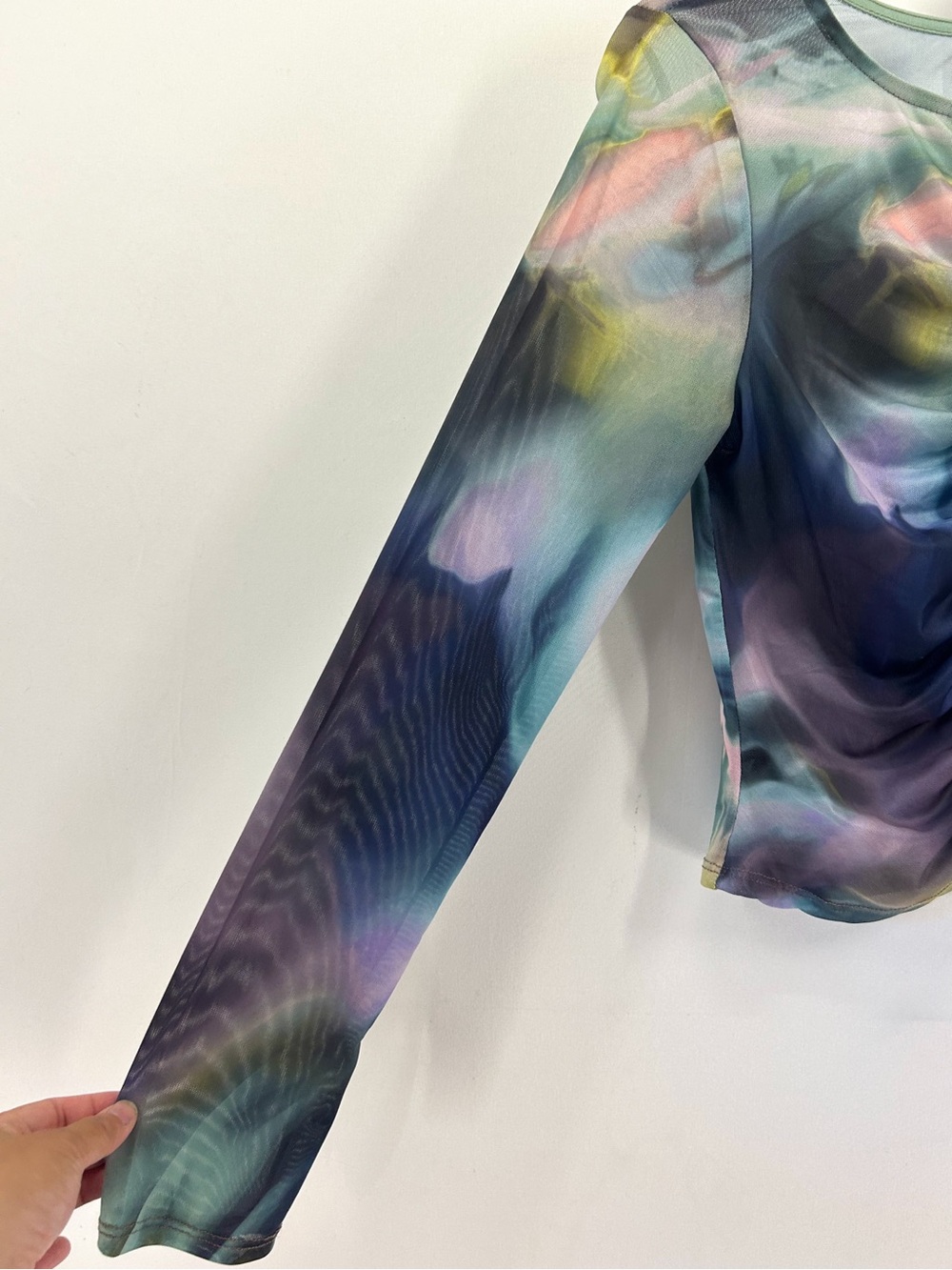 Urs Y2K Watercolor Space Mesh Sheer Long Sleeve Ruched Blouse Large - Picture 5 of 7